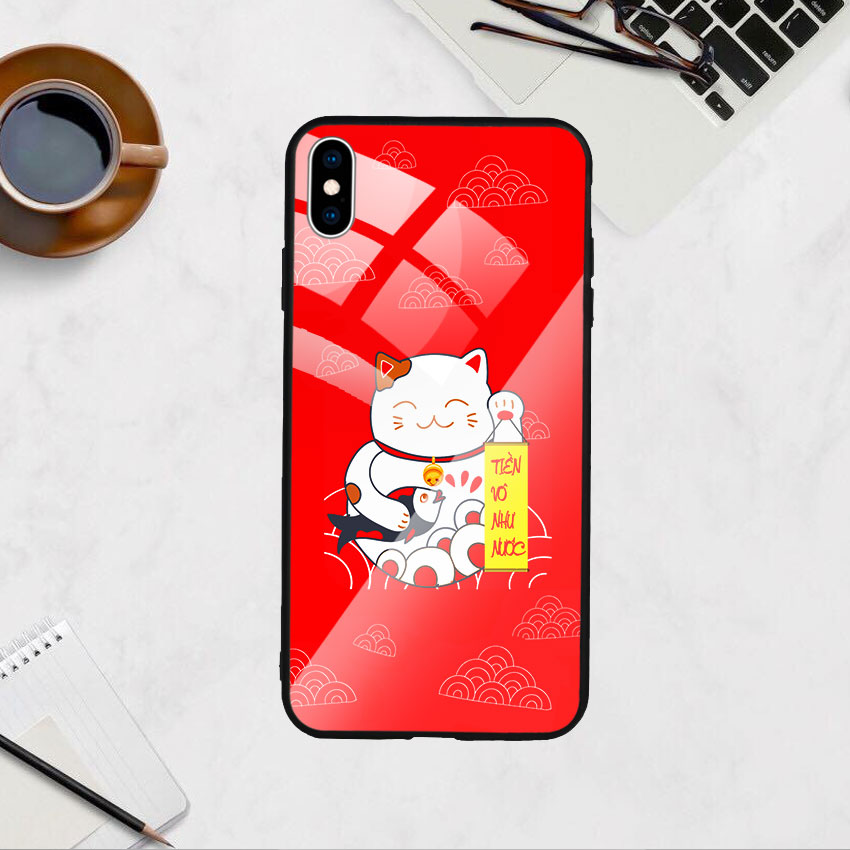 Ốp Lưng Kính Cường Lực cho điện thoại Iphone Xs Max - Mèo May Mắn 02