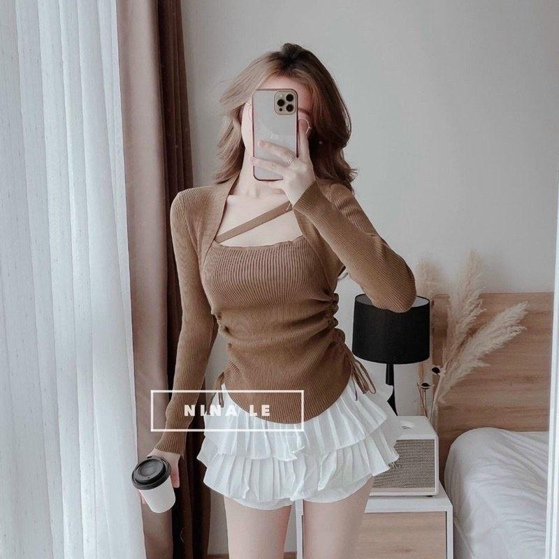 Áo kiểu rút dây 2 bên eo, vải thun gân co giãn tốt
