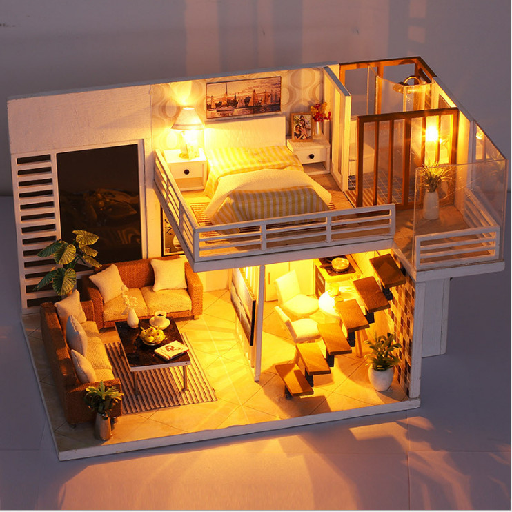 Mô hình nhà DIY Doll House Simple and Elegan Kèm Đèn LED và Mica chống bụi