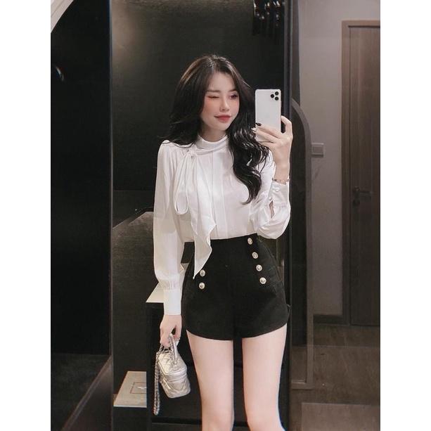 Áo sơ mi lụa cổ nơ lệch