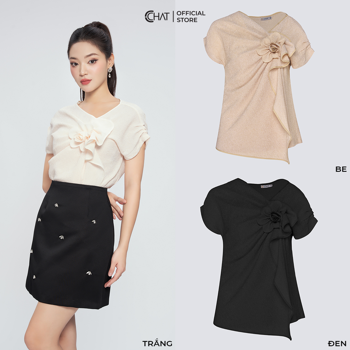 Áo Thun  Kiểu Xếp Nếp Tay Nhún Hoa Cài Ngực Chất Vải Cao Cấp Mềm Mịn 53TNC2043ST