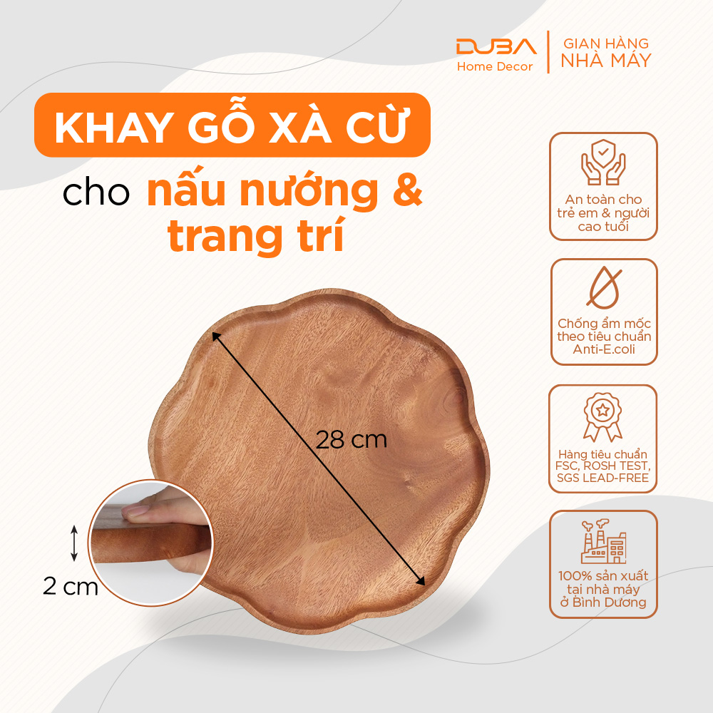 Khay gỗ trang trí hình bông hoa, dĩa gỗ decor đựng đồ ăn, thớt gỗ xà cừ màu tự nhiên đạt chuẩn xuất khẩu - DUBA