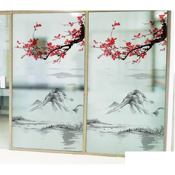 Decal dán kính cao cấp - Phong Thủy Núi Sông kết hợp Mai Đỏ