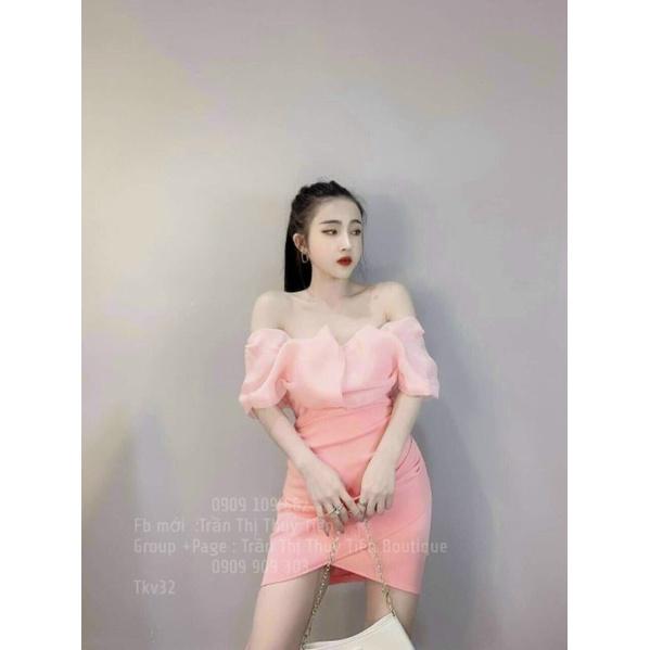 Đầm trễ vai nhún ngọc trai 2 màu