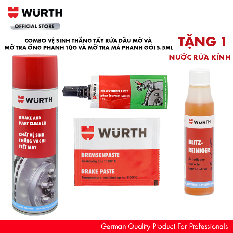 Wurth Combo Vệ Sinh Thắng Tẩy Rửa Dầu Mỡ Và 2 Loại Mỡ Chuyên Dụng Cho Ô tô Mỡ Tra Ống Phanh 10g Và Mỡ Tra Má Phanh 5,5ml