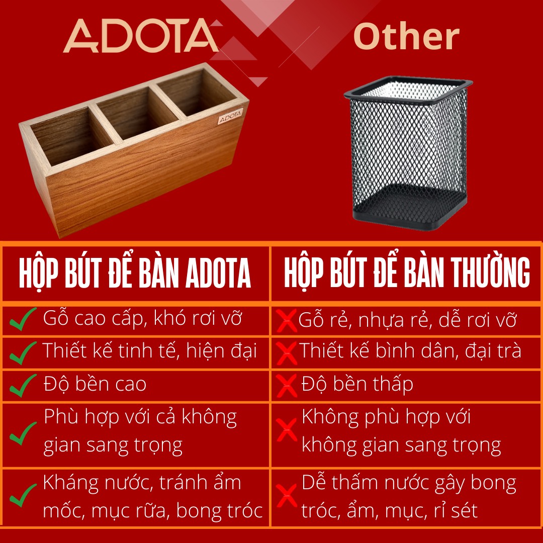 Combo hộp cắm bút đôi và hộp cắm bút 3 ngăn để bàn phong cách hiện đại sang trong gỗ MDF siêu bền ADOTA