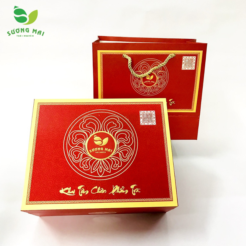 Hộp trà xanh Tân Cương Sương Mai 200g – 2 hộp sắt vuông Xanh và Trắng
