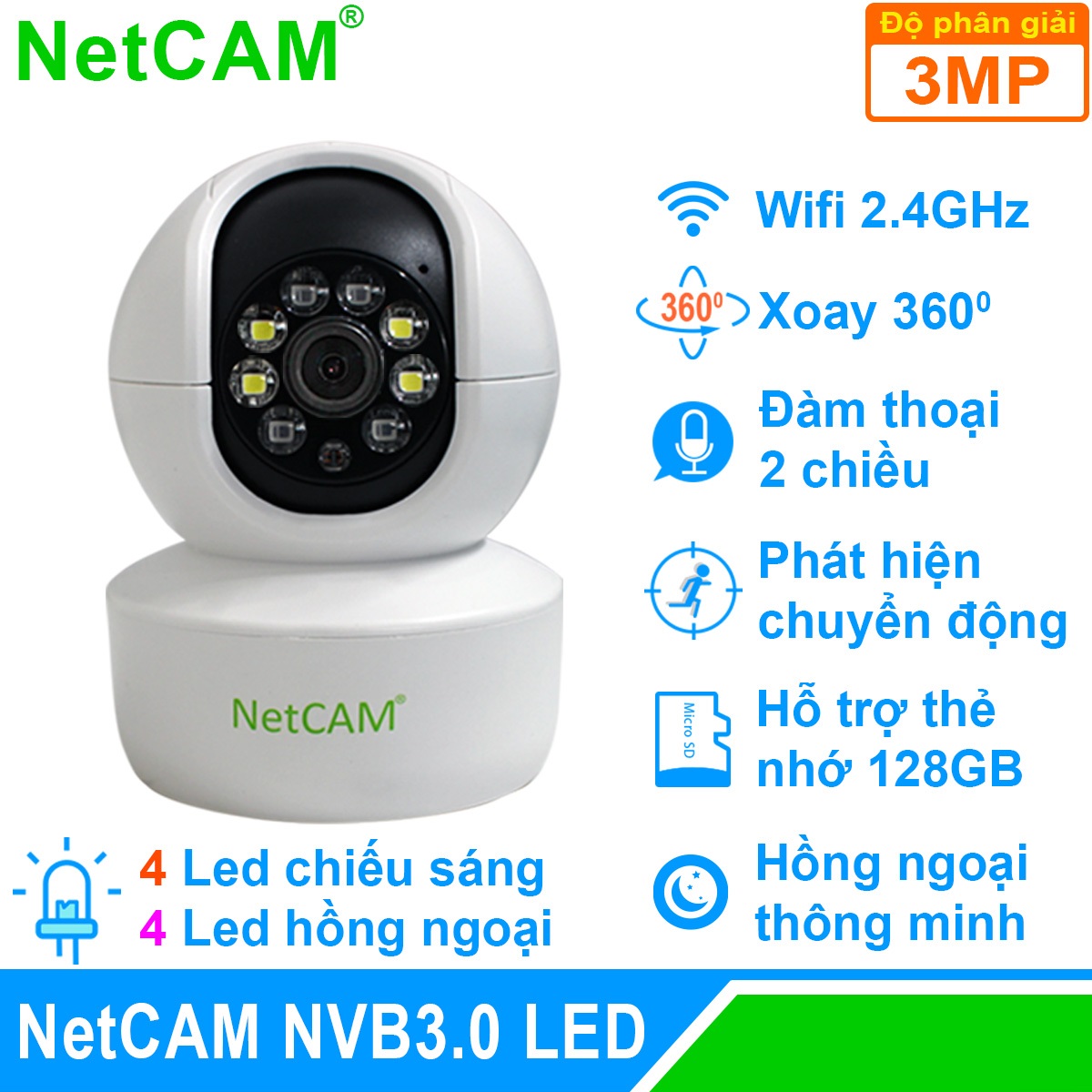 Camera IP wifi giám sát an ninh NetCAM NVB3.0, Độ phân giải 3.0MP, 4 đèn LED chiếu sáng - Hàng Chính Hãng