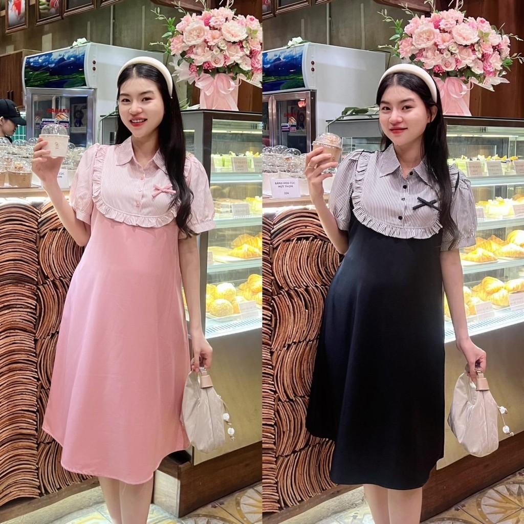 Đầm bầu giả yếm sọc sơ mi cotton hàn phom suông trẻ trung, năng động Váy Bầu Voi - Xanh đen