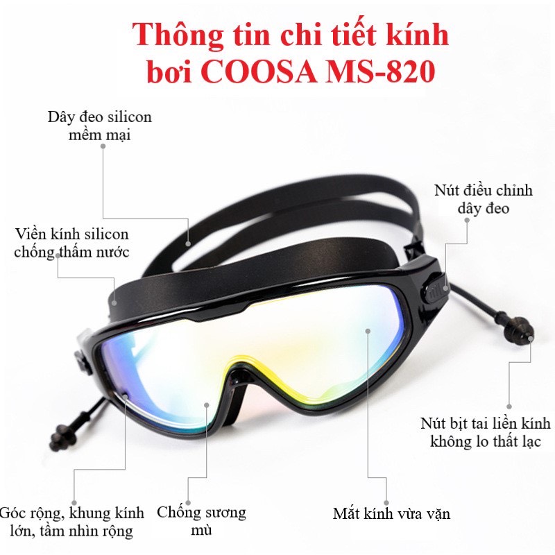 Kính bơi người lớn Coosa 820 thiết kế Panorama, không gọng, chống sương, chống tia UV bền đẹp