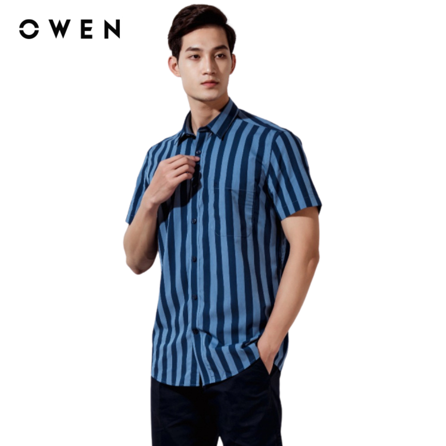 OWEN - Áo Sơ Mi nam Ngắn tay form Regular Fit chất liệu Bamboo kẻ sọc nhỡ có túi - AR22663NT