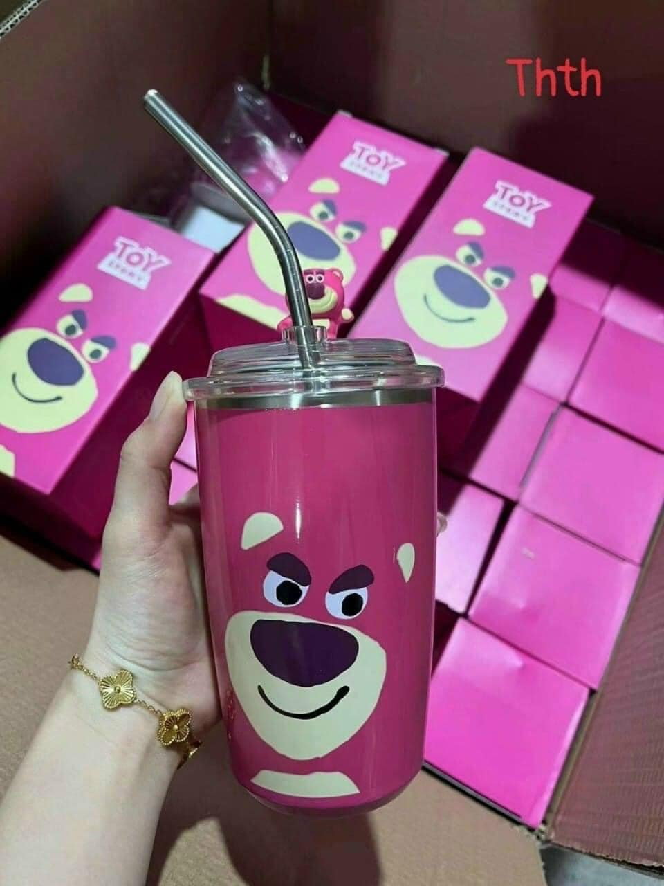 CỐC GIỮ NHIỆT HÌNH GẤU LOSTO MÀU HỒNG DỄ THƯƠNG - DUNG TÍCH 600ML, KÈM ỐNG HÚT VÀ STICK NỔI