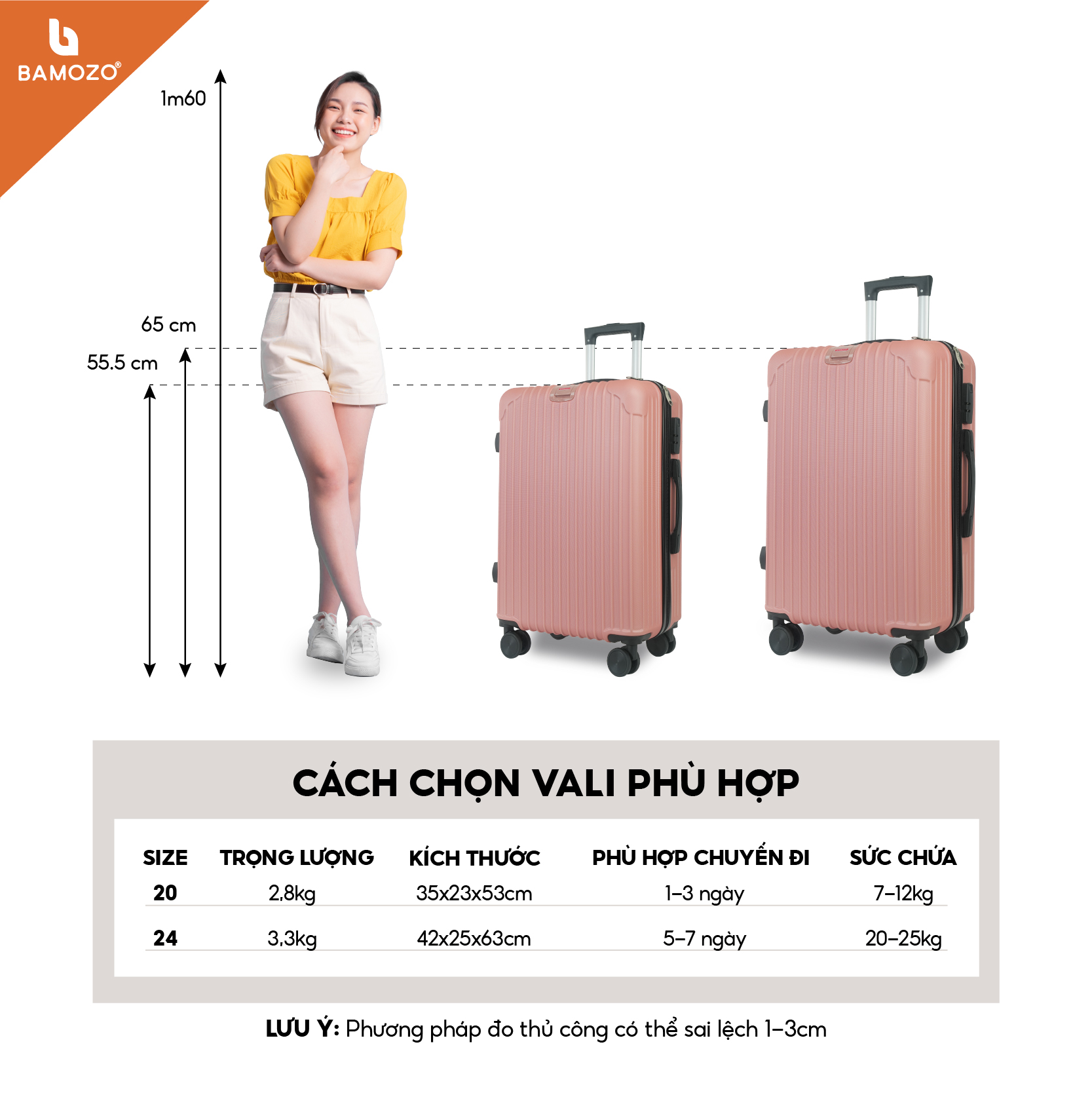 Vali du lịch BAMOZO 8801 MÀU VÀNG HỒNG size 20/24, vali kéo nhựa được bảo hành 5 năm.