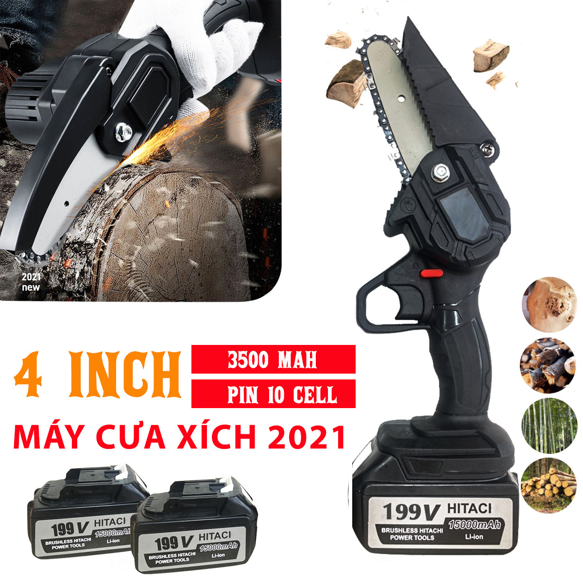 Máy Cưa Xích Chạy Pin - Lam Xích 4inch - Máy Cưa Mini Dây Xích Cắt Tỉa Cành Cây Tiện lợi - Lõi Đồng