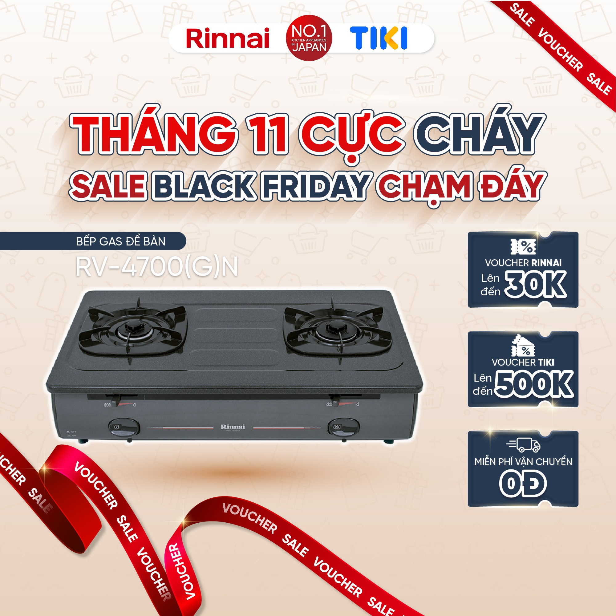 Bếp gas dương Rinnai RV-4700(G)N mặt bếp men và kiềng bếp men - Hàng chính hãng.