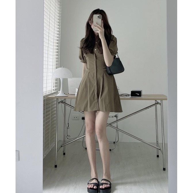 VÁY ĐẦM KAKI CỔ ĐỨC DẤU KHUY TAY BỒNG CHUN LƯNG CHIẾT EO SIÊU XINH