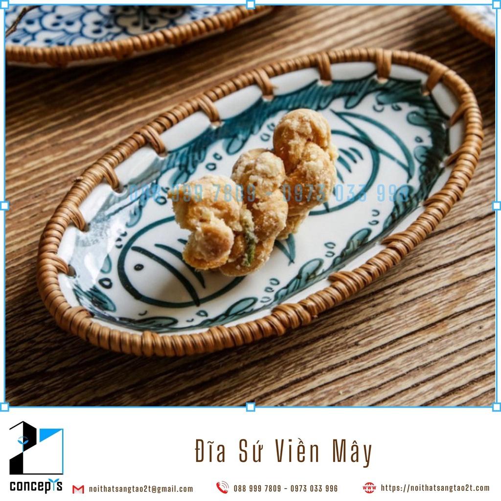 Đĩa Sứ Viền Mây Tre Đan Trang Trí Decor Bàn Ăn Hàng Xuất Khẩu
