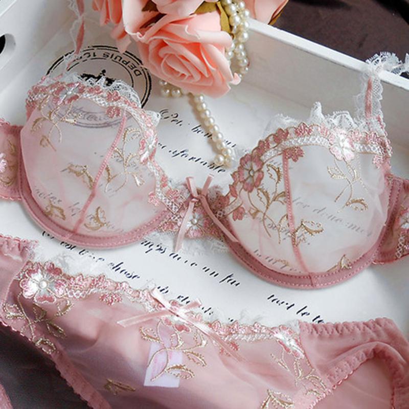 Logirlve Thêu Tinh Tế Màu Hồng Sen Siêu Mỏng Gợi Cảm Trong Suốt Ren Quần Lót Bộ Áo Ngực