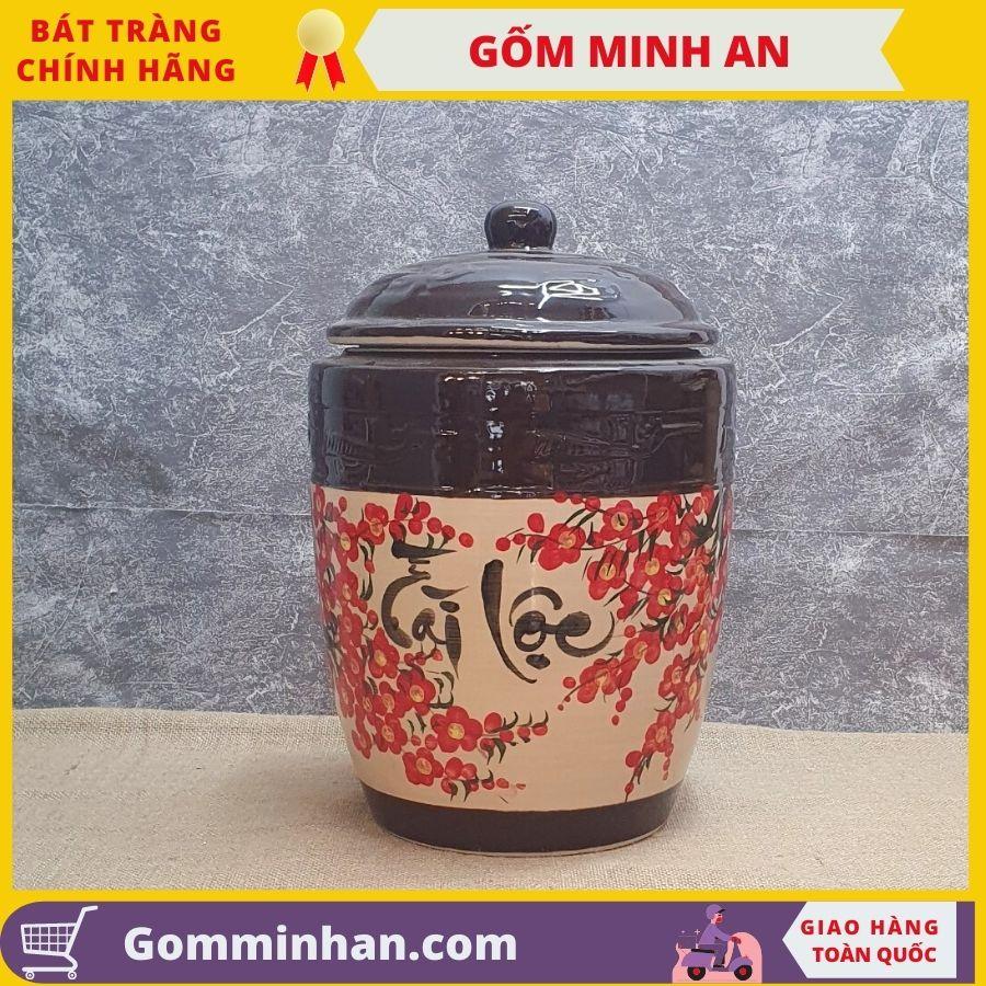 Chum đựng gạo Hũ Đựng Gạo Tài Lộc 25kg vẽ hoa đào gốm sứ Bát Tràng- Gốm Minh An