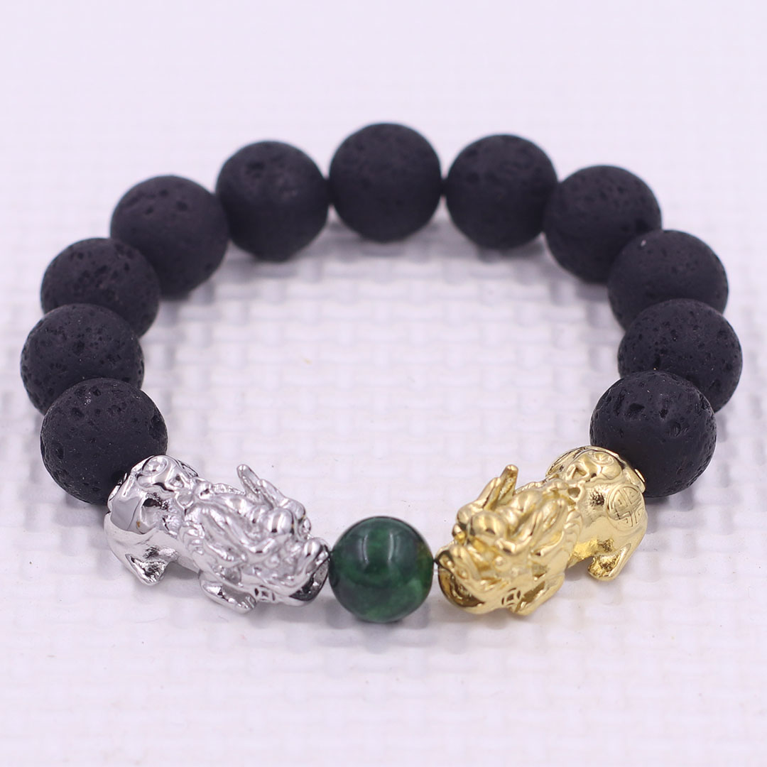 Vòng chuỗi đeo tay đá núi lửa 12 ly charm tỳ hưu đôi inox trắng và vàng, vòng chuỗi phong thủy, charm tỳ hưu, vòng tay hạt chuỗi