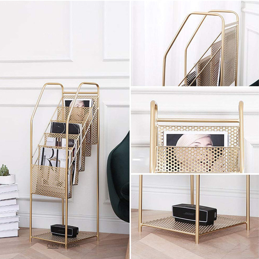 Kệ sách đứng đa tầng kim loại chắc chắn - Giá để sách báo tạp chí decor phòng khách đẹp, trang trí sảnh quầy khách sạn, nhà hàng