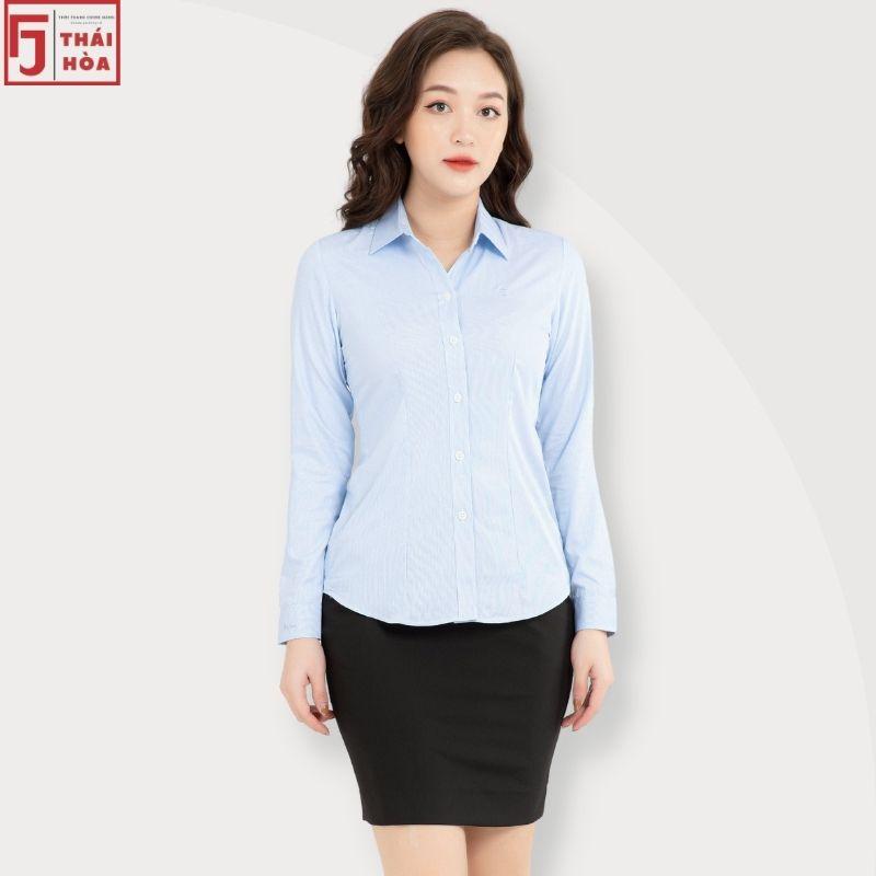 Áo sơ mi nữ Thái Hoà đẹp cao cấp kẻ tăm caro màu xanh cotton công sở 631-12-01