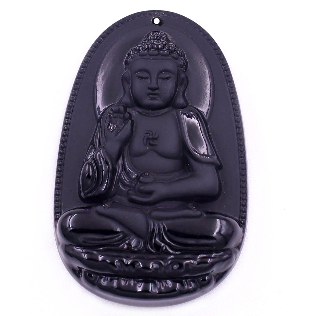 Mặt Phật A di đà đá thạch anh đen 6 cm kèm vòng cổ dây dù đen - mặt dây chuyền size lớn - XXL, Mặt Phật bản mệnh