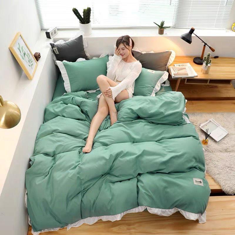 Sét 4 Món Chăn Ga Gối Cotton TC Viền Bèo Trắng Dài Pp3051