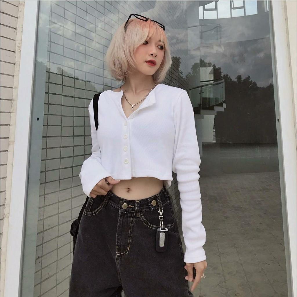 Áo Croptop YAN Cổ Tim Tay Dài Phối Khuy Unisex (7 MÀU