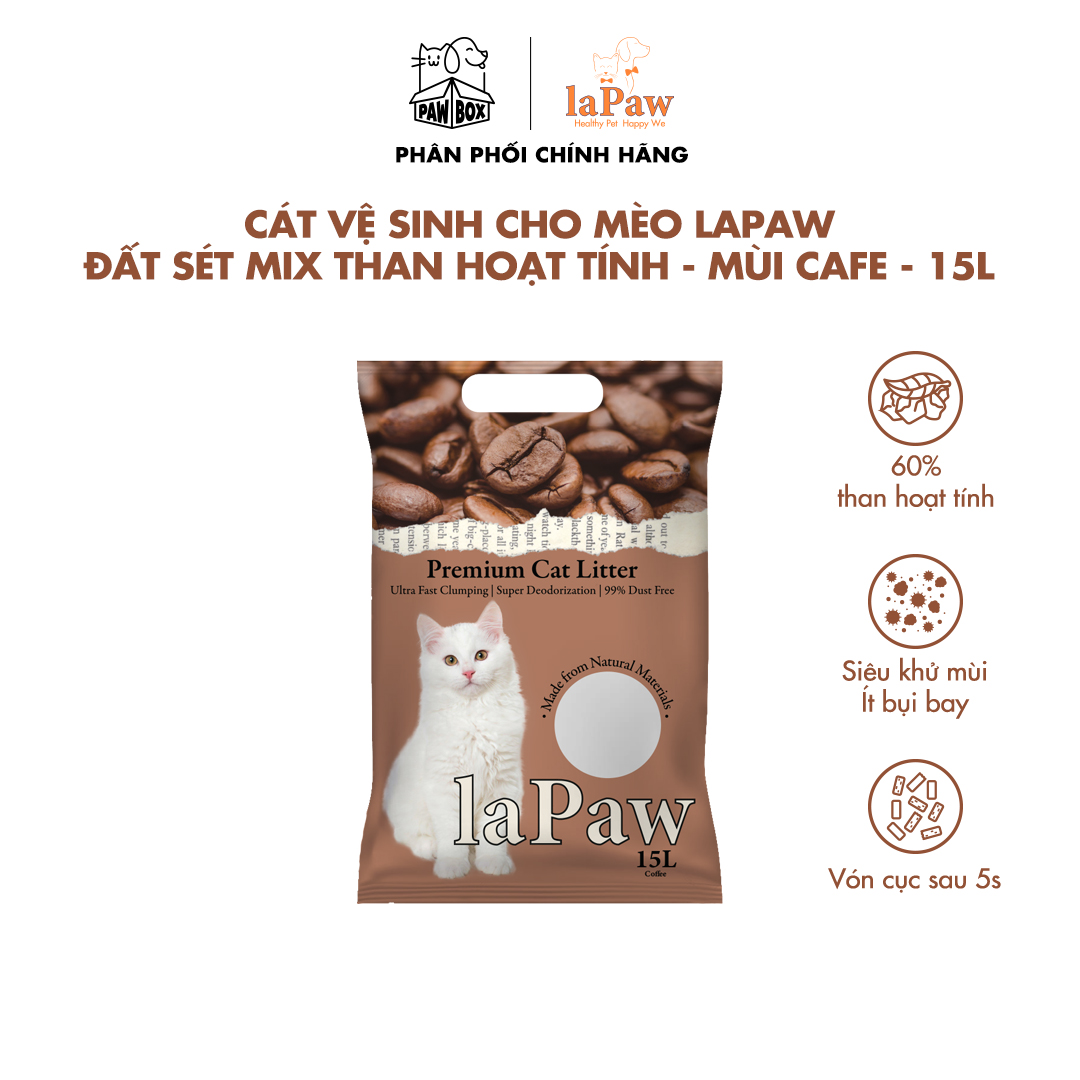 Cát vệ sinh cho mèo laPaw đất sét mix than hoạt tính siêu vón cục, siêu khử mùi, thơm lâu, ít bụi 15L