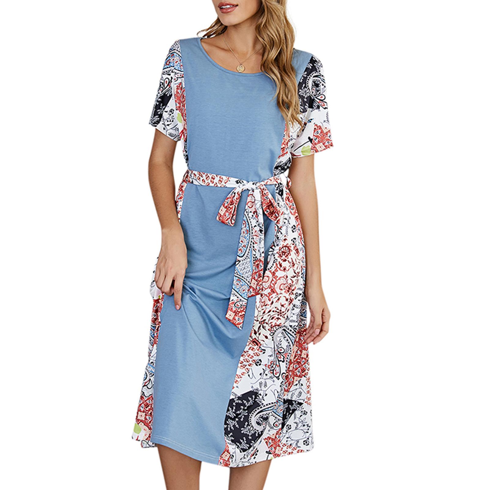 Women Dress Belted Splicing Print High Waist O Neck Short Sleeve Vestido Casual Dress Holiday