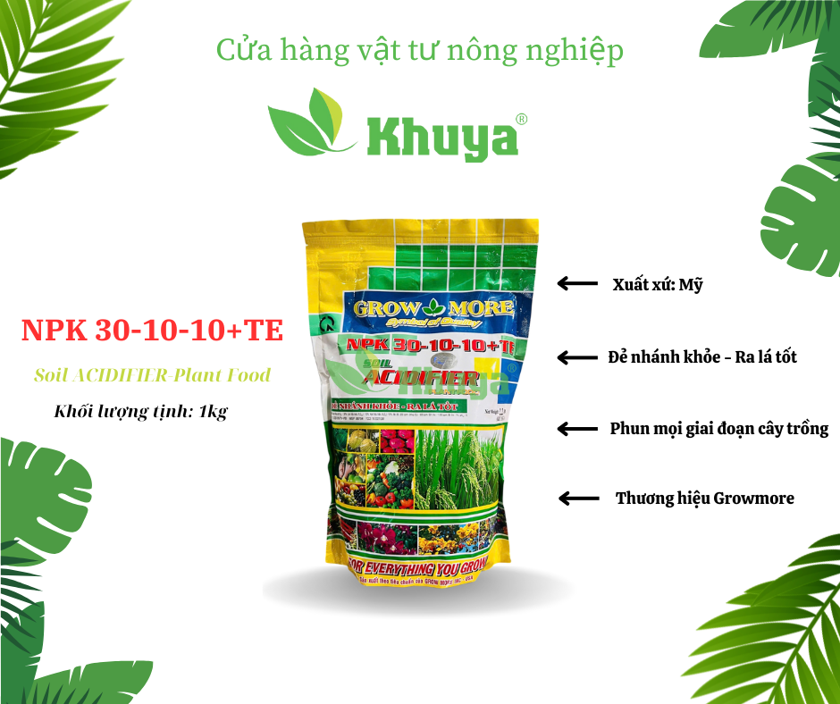 Phân bón Growmore NPK 30-10-10 + TE 1kg Đẻ nhánh khỏe Ra rễ tốt