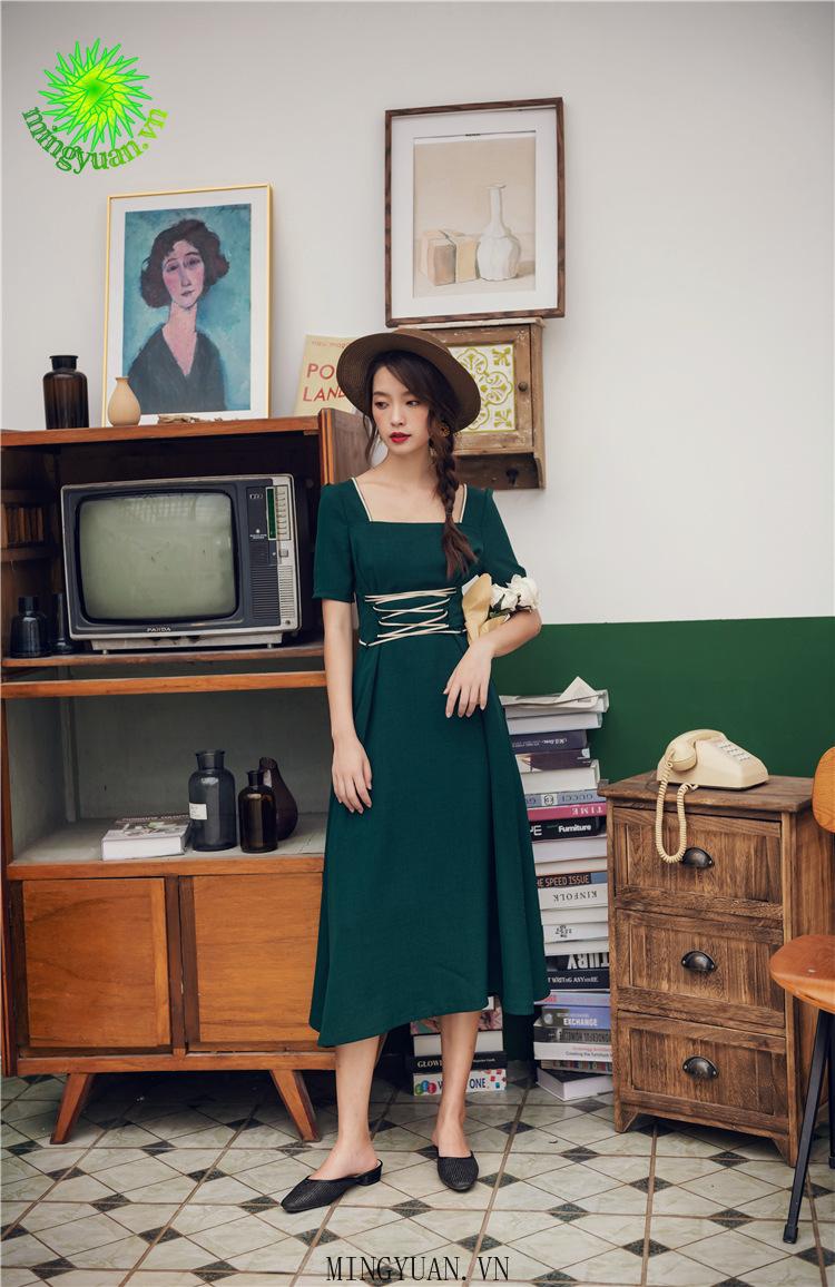Đầm Nữ Dáng Dài Cổ Vuông Phong Cách Retro