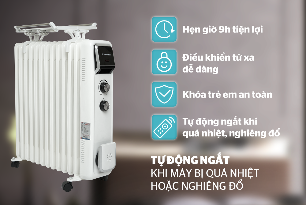 Máy sưởi dầu Sunhouse SHD7084, Công suất 2400W, 13 lá phát nhiệt, làm ấm nhanh, Có giàn phơi - Hàng chính hãng, bảo hành 12 tháng