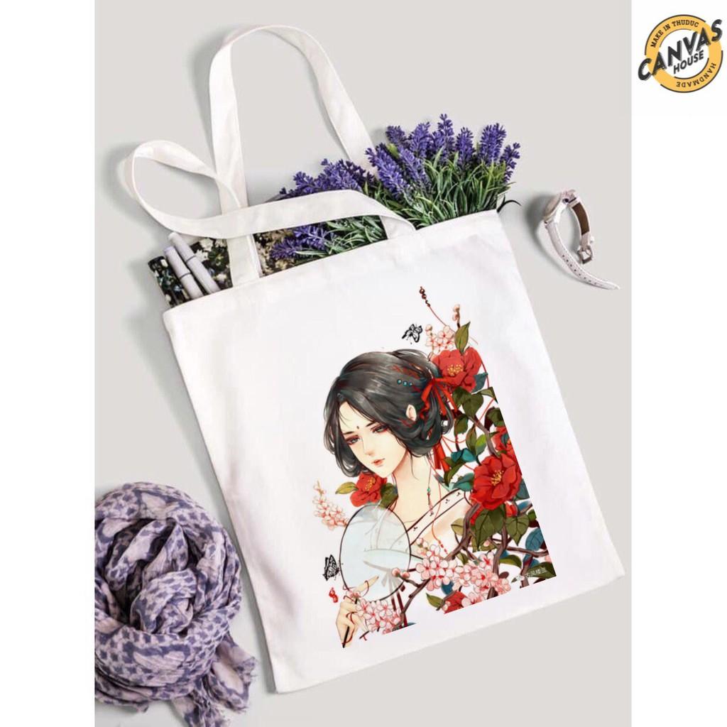 TÚI TOTE VUÔNG VẢI CANVAS ĐEO VAI CÔ GÁI CỔ TRANG