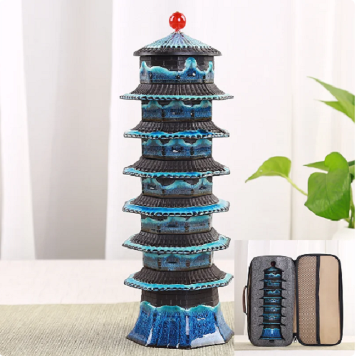 Bộ Trà Đạo Thông Thiên Tháp Chinese Pagoda Stackable cao cấp - Bộ 6 tách + 1 ấm kèm túi đựng