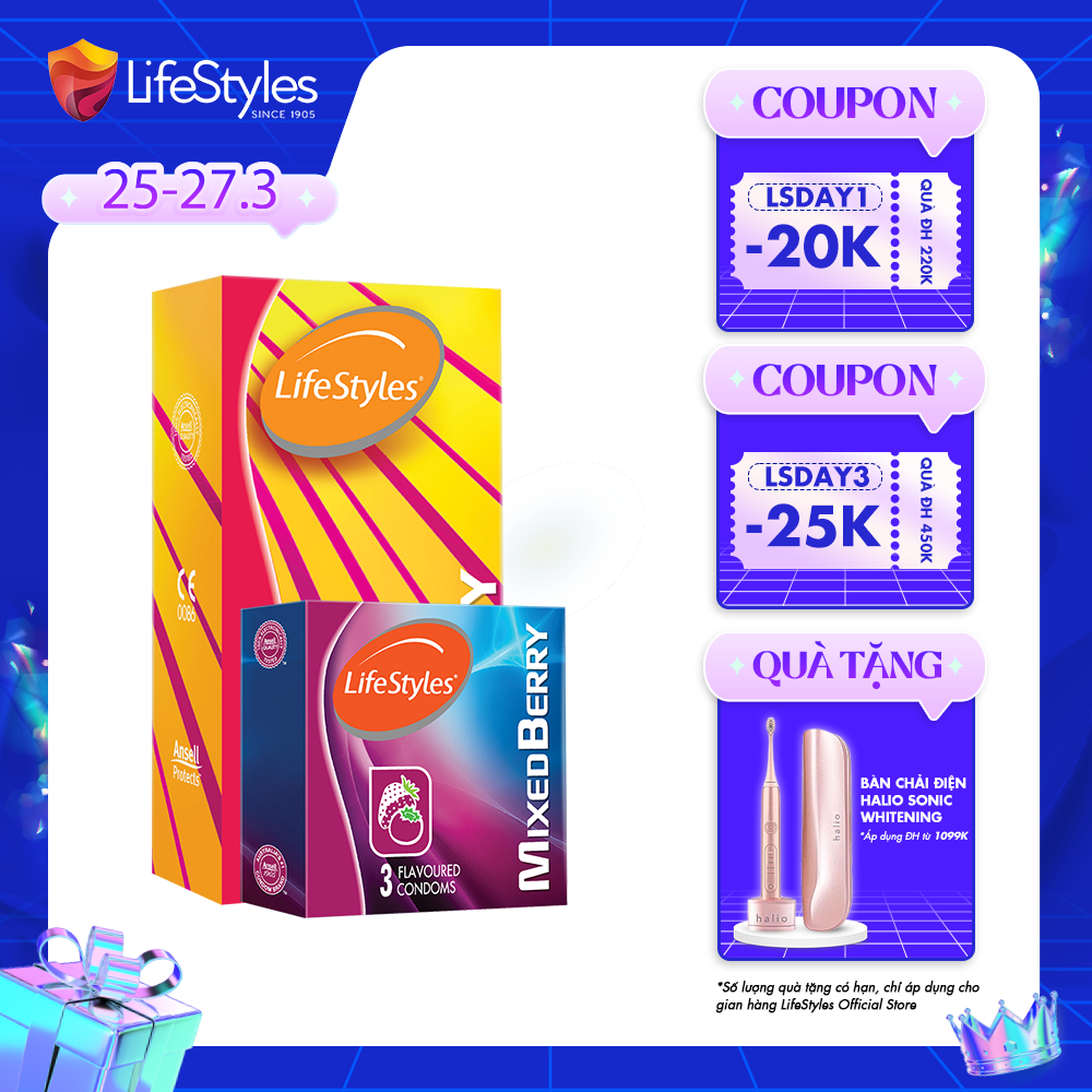 Combo 1 Hộp Bao Cao Su LifeStyles Fantasy 12 bao + 1 Hộp Bao Cao Su LifeStyles Mixed Berry 3 bao