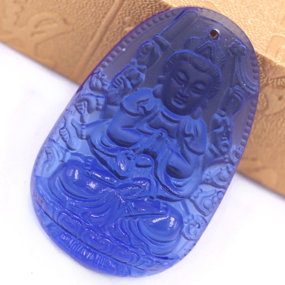 Mặt dây chuyền Phật Thiên thủ thiên nhãn pha lê xanh dương 3.6 cm kèm vòng cổ dây dù đen + móc inox vàng, Phật bản mệnh, mặt dây chuyền phong thủy