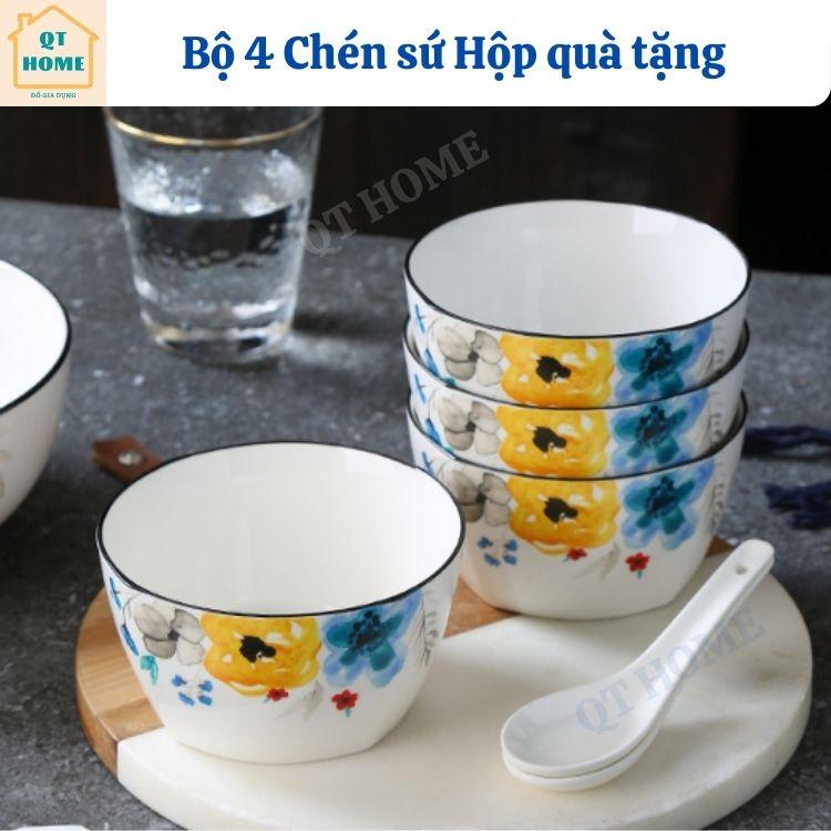 Bộ 4 Chén Sứ, Bát Sứ Hộp Quà Tặng, Họa Tiết Bông Hoa