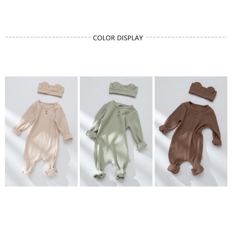 Bodysuit dài tay cotton trơn màu cho bé trai tặng kèm turban gấu xinh xắn, phong cách Hàn Quốc size 0 - 24 tháng