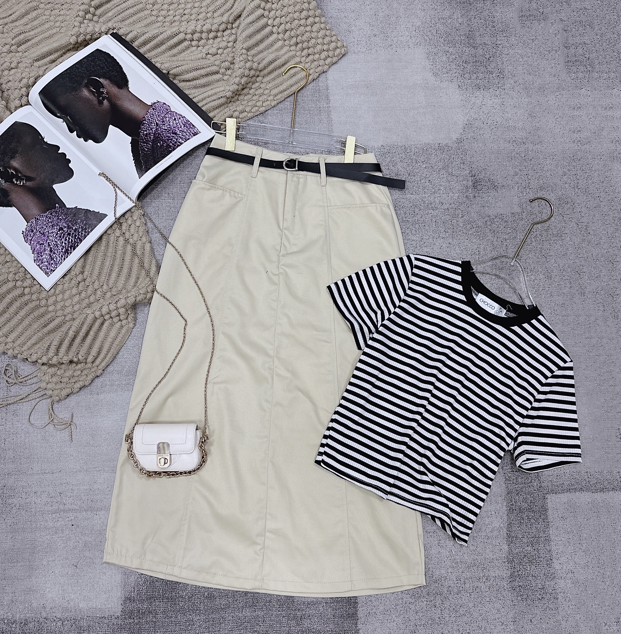 SET CHÂN VÁY MIDI DÀI SUÔNG TRƠN LƯNG CAO + ÁO THUN CROPTOP KẺ SỌC DẠO PHỐ ĐI LÀM ĐI HỌC ĐI BIỂN ĐI CHƠI