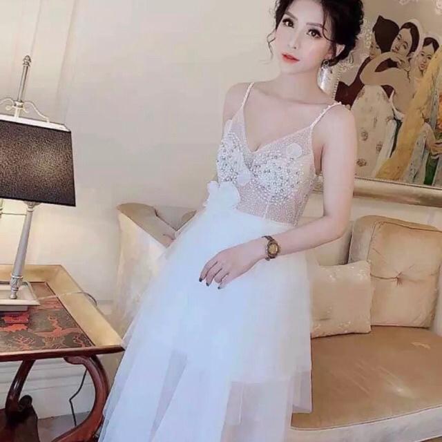 Đầm xoè xếp tầng 2 dây kết cườm hạt và hoa nổi SIÊU XINH -MS88YMM MM