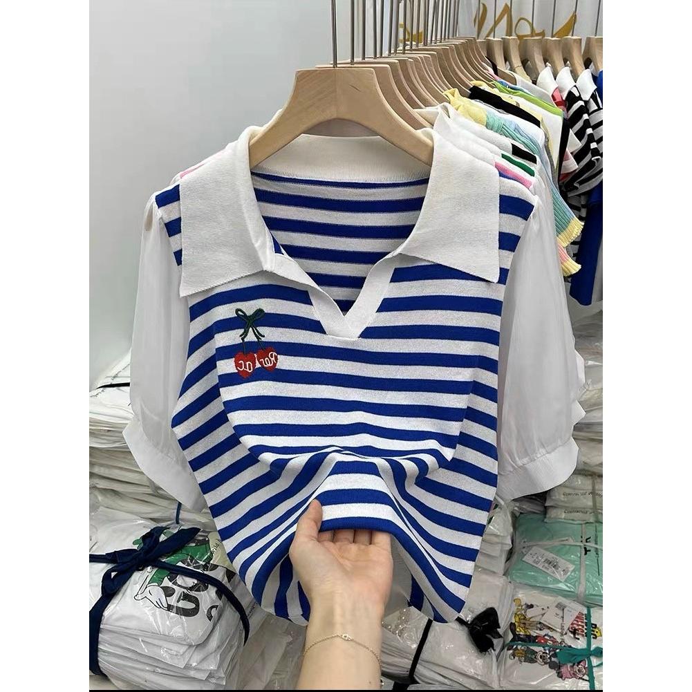 [L2M] Áo len nữ Montoghi dệt kim LOGO CHERRY phối TAY PHỒNG họa tiết kẻ sọc xinh xắn