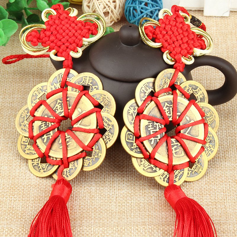 Dây treo trang trí - khánh treo xe ô tô đồng tiền xu may mắn mai hoa thập toàn bằng đồng nguyên chất D3