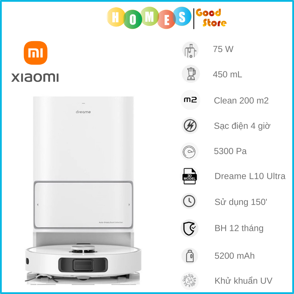 Robot Hút Bụi Lau Nhà XIAOMI DREAME L10 Ultra Tự Động Bơm Nước Giặt Sấy Giẻ Đổ Rác Tự Động Tạo Bản Đồ Siêu Nhanh Camera AI Diện Tích Hoạt Động 200m2 Lực Hút 5300 Pa Công Suất 75W - Hàng Chính Hãng