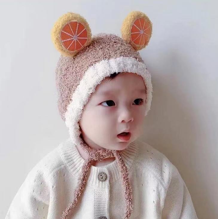 Mũ len tai gấu xù cực xinh MẪU MỚI CỦA NĂM có dây buộc và tai hình hoa quả cực kute cho bé từ 0-3 tuổi