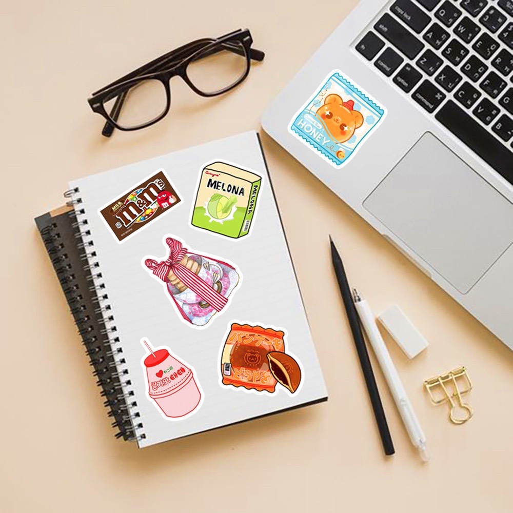 Set 50 miếng dán “ Bữa tiệc thức ăn” chống thấm nước họa tiết vui nhộn trang trí