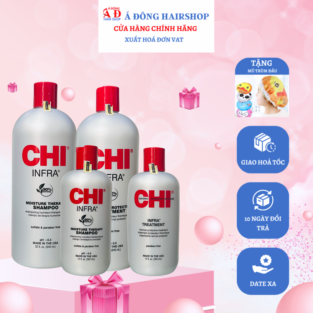 [+Tặng mũ trùm] Cặp dầu gội xả CHI Infra shampoo &amp; treatment siêu mượt cho tóc khô hư tổn (xám) Mỹ 946ml
