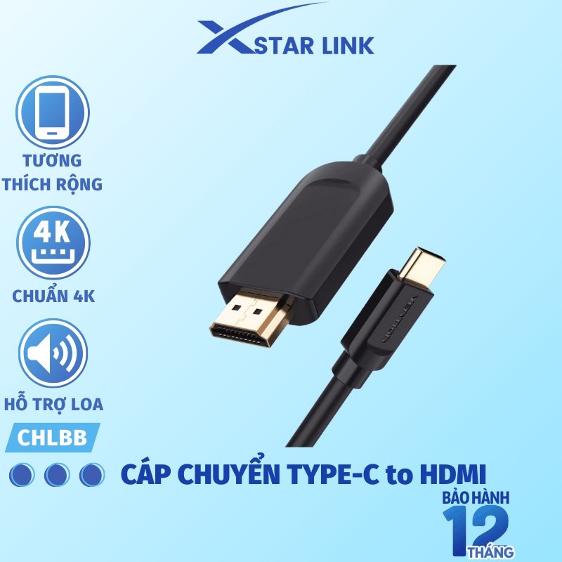 Cáp Type-C to HDMI cho MacBook, Điện Thoại, Laptop chất lượng 4K 2K 1,5m Vention CGUBG - Hàng chính hãng