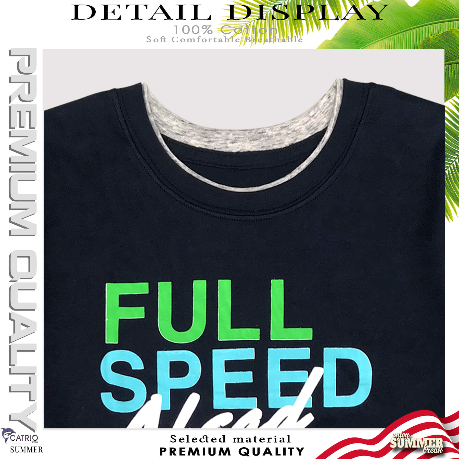 ÁO PHÔNG BÉ TRAI NGẮN TAY CATRIO là áo thun trẻ em tay ngắn từ 5 tuổi đến 12 tuổi vải 100% Cotton in FULL SPEED thuộc BST quần áo trẻ em mùa hè CATRIO màu NAVY